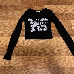 Black Long Sleeve Print Cropped Top